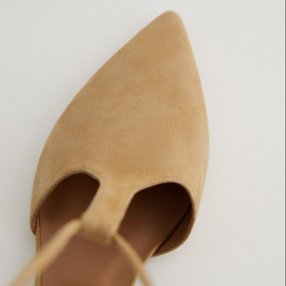 ZARA NUDE CAMEL 100% SUEDE LEATHER LACE UP POINTED FLATS - Picture 4 of 7